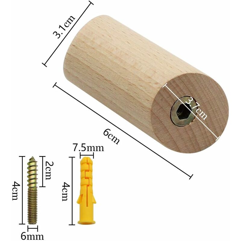 6 pcs Set Beech Wood Wall Hooks 3X6Cm Cylinder Wall Mounted Coat Hook Decorative Hook For Coat Hat Scarf Bag Towel -