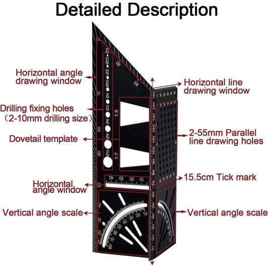 3D Aluminum Alloy Carpenter Square, 90 To 45 Degree Professional Angle Ruler, Woodworking Measuring Ruler Suitable For.