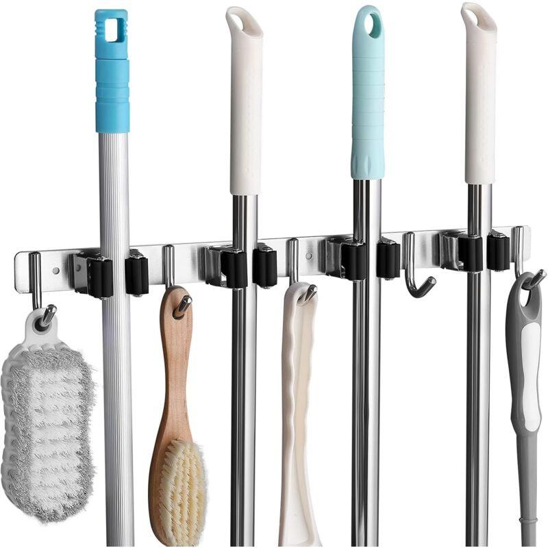 Stainless Steel Wall Mounted Broom Holder, Wall Mounted Broom Hanger With 4 Slots And 5 Hooks For Kitchen, Bathroom,.