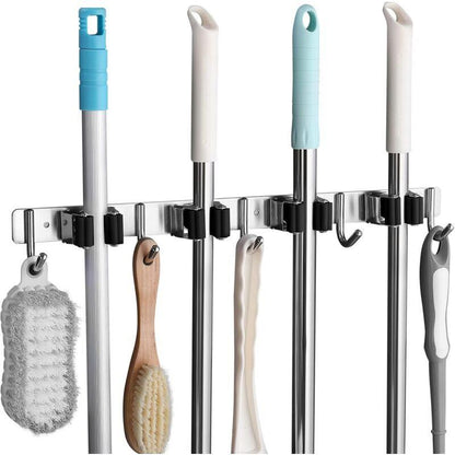 Stainless Steel Wall Mounted Broom Holder, Wall Mounted Broom Hanger With 4 Slots And 5 Hooks For Kitchen, Bathroom,.