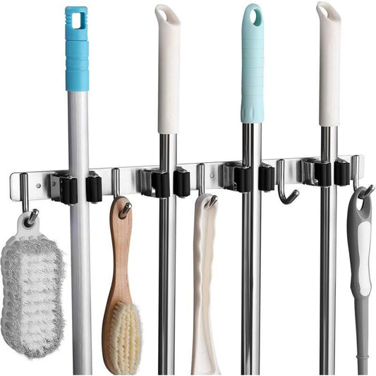 Stainless Steel Wall Mounted Broom Holder, Wall Mounted Broom Hanger With 4 Slots And 5 Hooks For Kitchen, Bathroom,.
