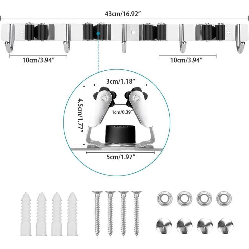 Stainless Steel Wall Mounted Broom Holder, Wall Mounted Broom Hanger With 4 Slots And 5 Hooks For Kitchen, Bathroom,.