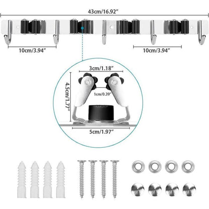 Stainless Steel Wall Mounted Broom Holder, Wall Mounted Broom Hanger With 4 Slots And 5 Hooks For Kitchen, Bathroom,.