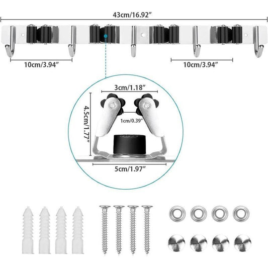 Stainless Steel Wall Mounted Broom Holder, Wall Mounted Broom Hanger With 4 Slots And 5 Hooks For Kitchen, Bathroom,.