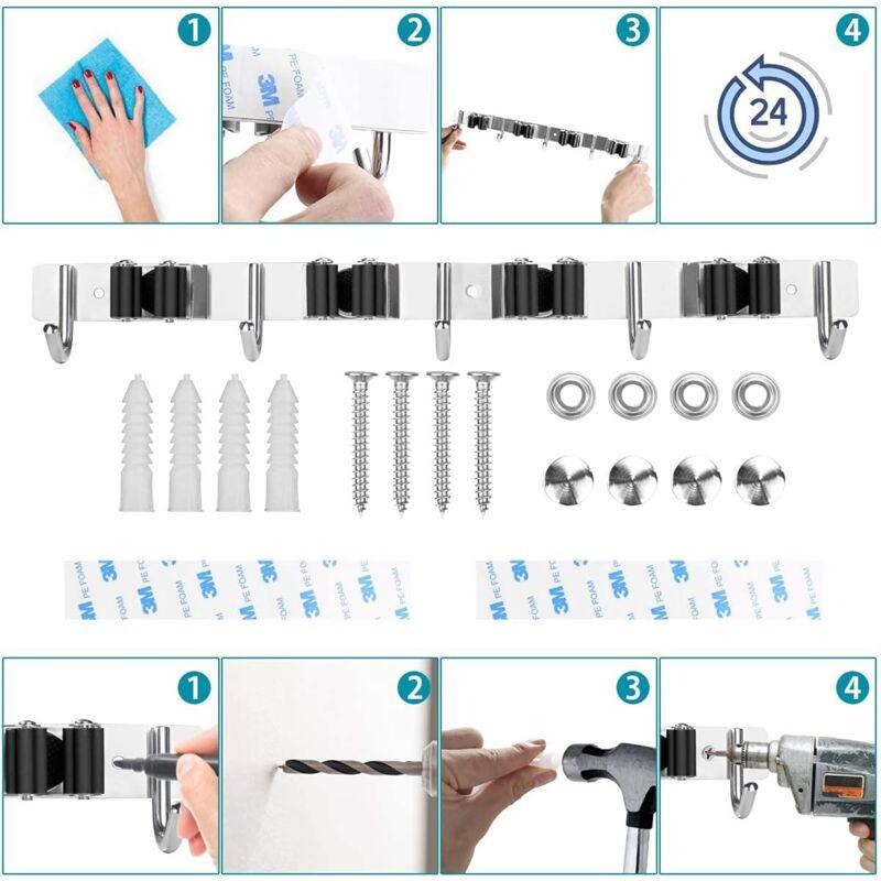 Stainless Steel Wall Mounted Broom Holder, Wall Mounted Broom Hanger With 4 Slots And 5 Hooks For Kitchen, Bathroom,.
