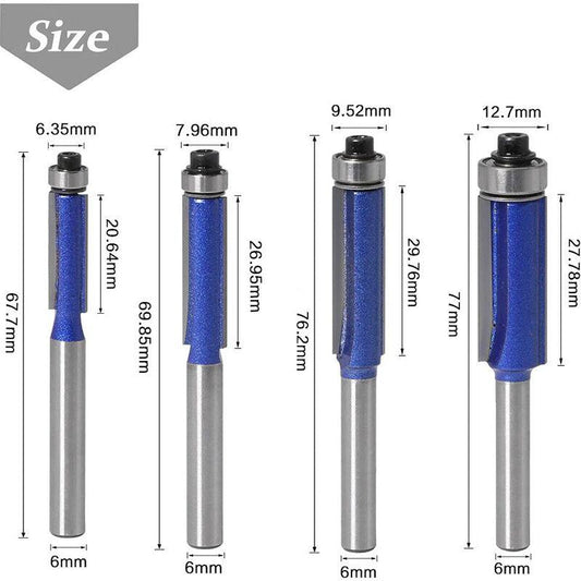 4Pc Flush Trim ROuter Bit Set - 6Mm Shank - Ball Bearings - Grooving ROuter Bit - Wood ROuter Bit - Grooving ROuter Bit.