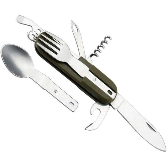 Stainless Steel Folding Tableware Set For Outdoor Camping - 7-In-1 Multi-Function Tool, Removable.