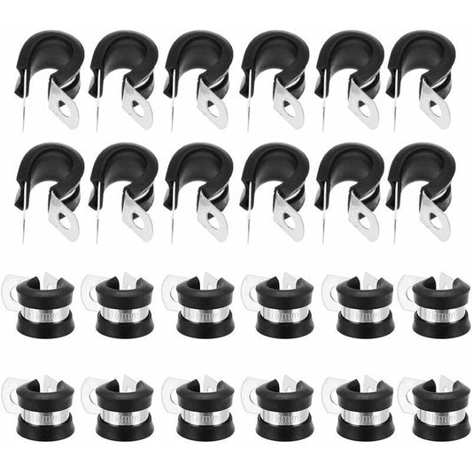 24 pcs 10Mm Stainless Steel Hose Clamps P-Clips Tube Fastener Clips With Rubber Coating For Automotive Electrical Tube.
