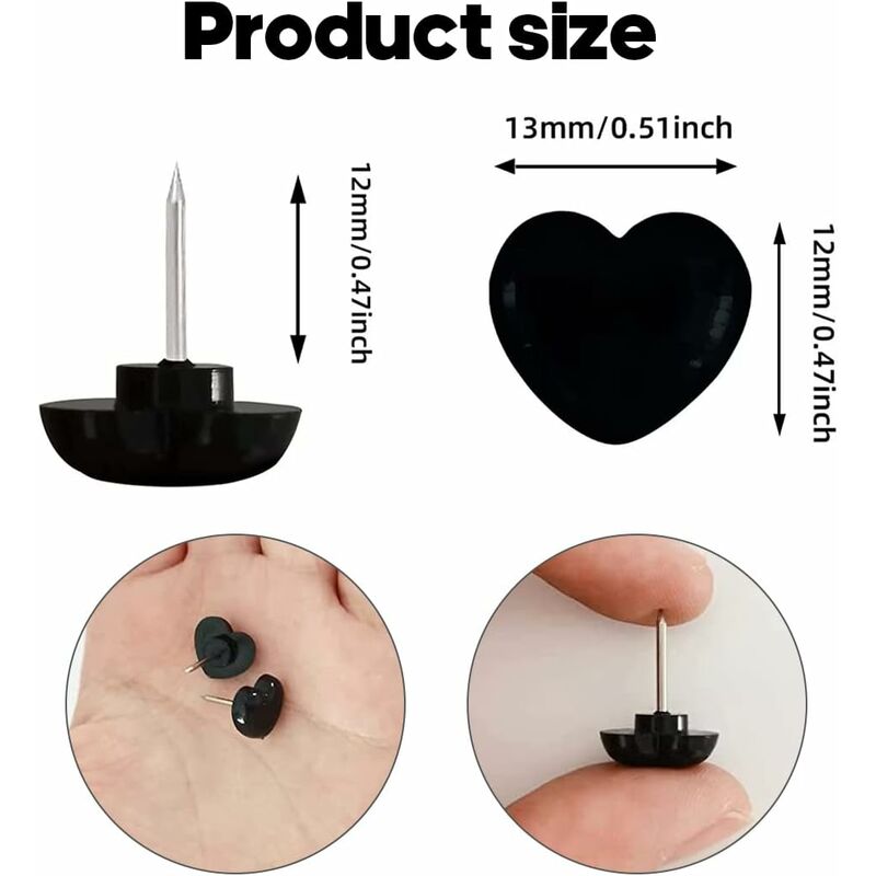 100 pcs Black Heart Shape Push Pins With Steel Point For Pictures And Walls