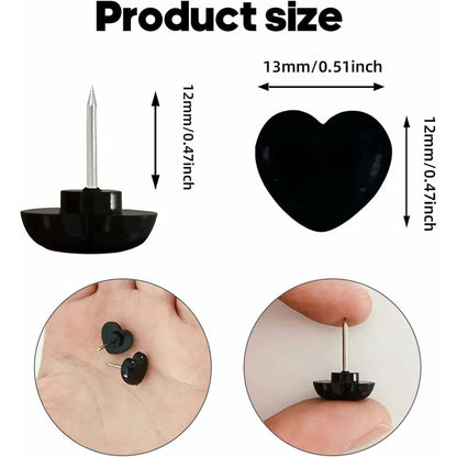 100 pcs Black Heart Shape Push Pins With Steel Point For Pictures And Walls