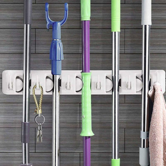 Wall Mounted Broom Holder With 5 Slots And 6 Hooks/Wall Mounted Broom Holder For Bathroom, Kitchen Or Garage - Light.