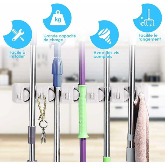 Wall Mounted Broom Holder With 5 Slots And 6 Hooks/Wall Mounted Broom Holder For Bathroom, Kitchen Or Garage - Light.