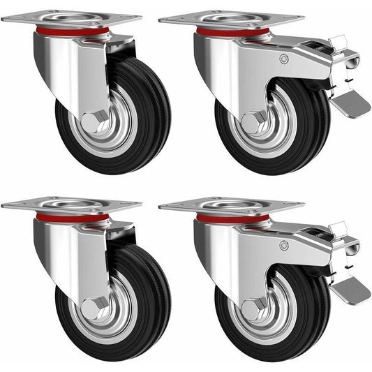 4 pcs Set 75Mm Swivel Castors With Brake - Furniture Castors Up To 50Kg Per Wheel - Heavy Duty - Rubber For Indoor And.