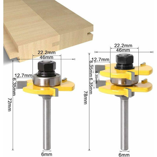 6Mm Shank Matched Tongue And Groove ROuter Bit Set 3 Teeth T Shape Wood Cutter Cutting Woodworking Tool (6Mm).