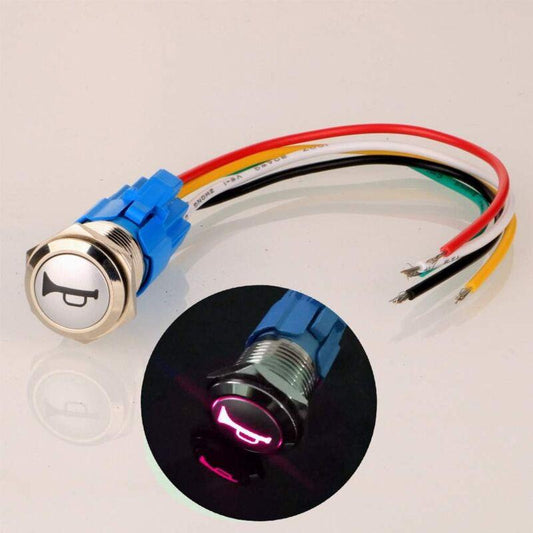 12V-24V/5A 16Mm Pre-Wired Momentary Horn Push Button Switch Waterproof Metal Button With Red LED.