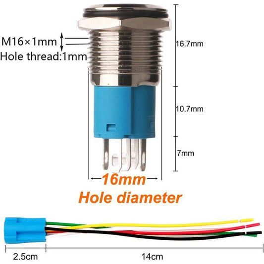 12V-24V/5A 16Mm Pre-Wired Momentary Horn Push Button Switch Waterproof Metal Button With Red LED.