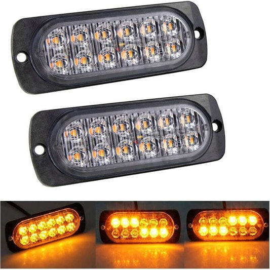 2 pcs 12 LED Amber Strobe Brake Light, 12V 24V LED Light Bar For Offroad Vehicle Car Van Boat Trailer Caravan, 3000K.