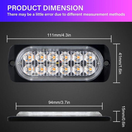 2 pcs 12 LED Amber Strobe Brake Light, 12V 24V LED Light Bar For Offroad Vehicle Car Van Boat Trailer Caravan, 3000K.