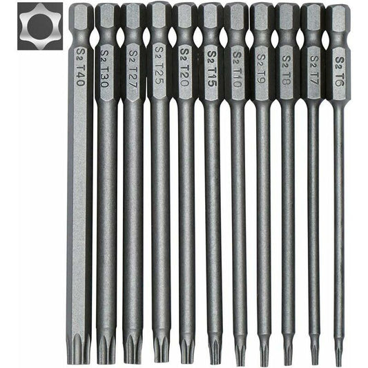 11 Piece Long Torx Screwdriver Bit Set - Magnetic Bits - 1/4" Hex Shank - Sizes T6 To T40 - 100Mm Length.