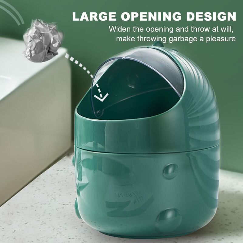 Mini Desktop Trash Can With Lid For Bathroom Kitchen Office Cartoon Style Portable Green