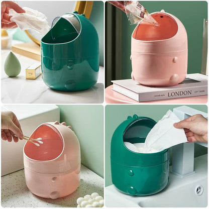 Mini Desktop Trash Can With Lid For Bathroom Kitchen Office Cartoon Style Portable Green