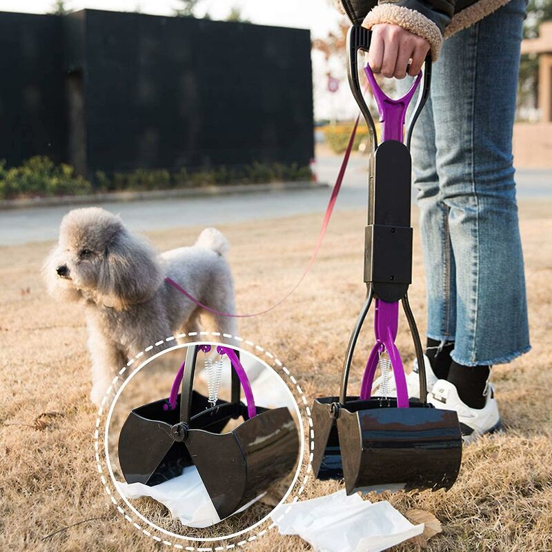 Foldable Dog And Cat Poop Scooper Pet Long Handle Pooper Scooper, Easy To Pick Up Waste, Black & Purple (Purple)