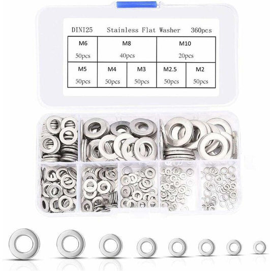 360 pcs Stainless Steel Flat Washers Assortment Kit, M2.5 M3 M4 M5 M6 M8 M10 M12 Metal Washers For Screw Sealing Gasket.