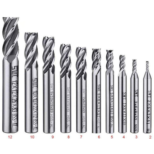10 pcs 4 Flute End Mill Bit Set - 2-12Mm Hss Straight Shank Drill Bit Set Cnc Drill Bits Tool Set For Wood Aluminum.