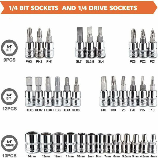 46 pcs Socket Set Chrome Vanadium 1/4" Adapter Set Socket Set For Car Diy.