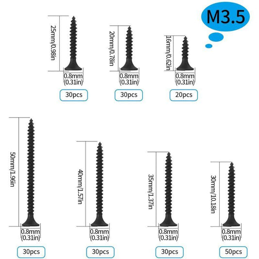 220 pcs Self Tapping Wood Screws, Black Cross Flat Head Self Drilling Screw, Metal Screws For Drywall Furniture - M3.5.