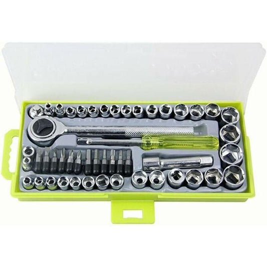 50 pcs 1/4" 3/8" Socket Wrench Set With Reversible Ratchet Handle Drive 12 pcs Hexagon Screw Bits With Case.
