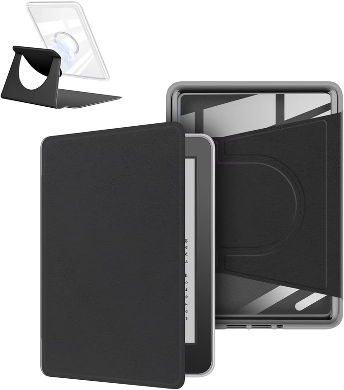 360Â° Rotating & Detachable Magnetic Case for 6.8" Kindle Paperwhite 11th Generation (2021)  â Auto Wake/Sleep, Hands-Free Stand, Clear Back Cover (black).