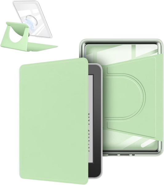 360Â° Rotating & Detachable Magnetic Case for 6.8" Kindle Paperwhite 11th Generation (2021)  â Auto Wake/Sleep, Hands-Free Stand, Clear Back Cover (Light green).