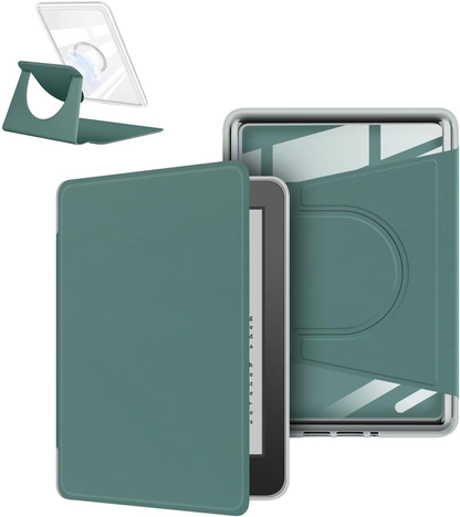 360Â° Rotating & Detachable Magnetic Case for 6.8" Kindle Paperwhite 11th Generation (2021)  â Auto Wake/Sleep, Hands-Free Stand, Clear Back Cover (Dark Green).