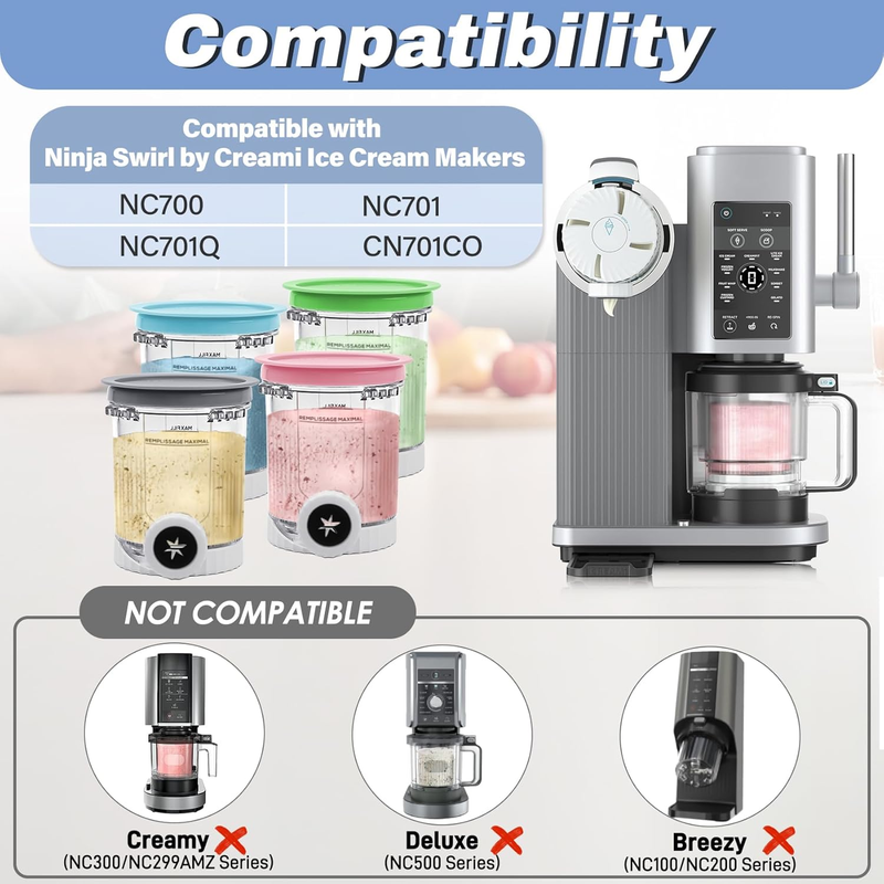 Pints and Lids Replacement Compatible with Ninja Swirl by Creami NC700 Series Ice Cream Makers, 16oz Cup Containers Replacement for Creami Swirl NC701 NC701Q CN701CO, 4-Pack, BPA Free, Clear.