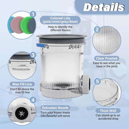 Pints and Lids Replacement Compatible with Ninja Swirl by Creami NC700 Series Ice Cream Makers, 16oz Cup Containers Replacement for Creami Swirl NC701 NC701Q CN701CO, 4-Pack, BPA Free, Clear.