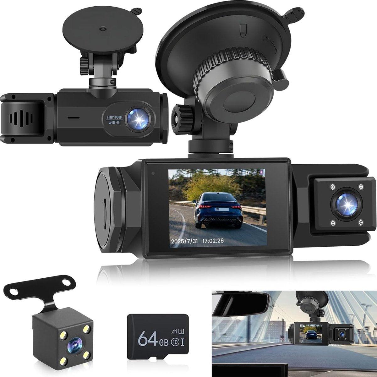 WiFi Car Dash Cam â 3-Channel Wireless Camera with App, Front, Interior, and Rear Cameras, Full HD 1080p, 2-inch IPS Screen, Night Vision, Motion Detection, Loop Recording, 64GB Memory Card Included.