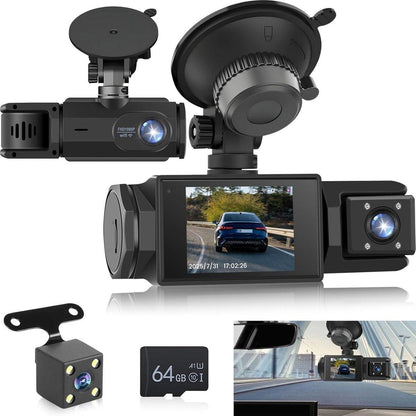 WiFi Car Dash Cam â 3-Channel Wireless Camera with App, Front, Interior, and Rear Cameras, Full HD 1080p, 2-inch IPS Screen, Night Vision, Motion Detection, Loop Recording, 64GB Memory Card Included.