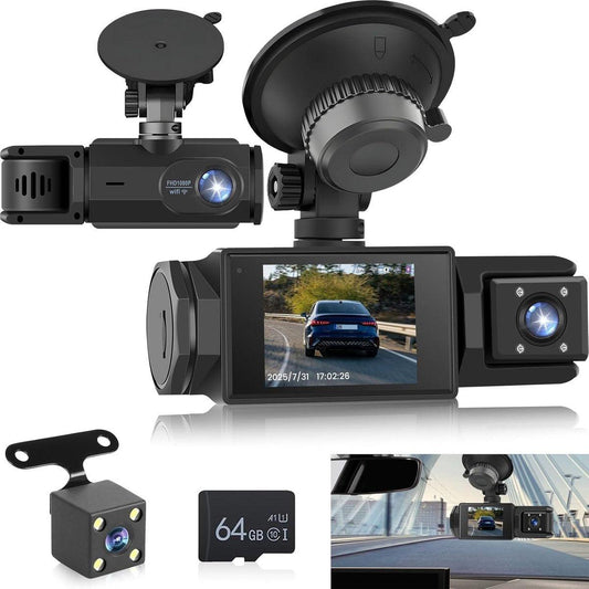 WiFi Car Dash Cam â 3-Channel Wireless Camera with App, Front, Interior, and Rear Cameras, Full HD 1080p, 2-inch IPS Screen, Night Vision, Motion Detection, Loop Recording, 64GB Memory Card Included.