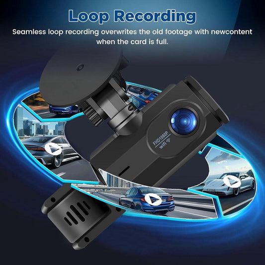 WiFi Car Dash Cam â 3-Channel Wireless Camera with App, Front, Interior, and Rear Cameras, Full HD 1080p, 2-inch IPS Screen, Night Vision, Motion Detection, Loop Recording, 64GB Memory Card Included.