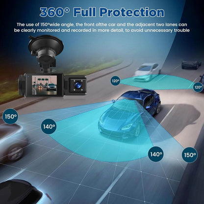 WiFi Car Dash Cam â 3-Channel Wireless Camera with App, Front, Interior, and Rear Cameras, Full HD 1080p, 2-inch IPS Screen, Night Vision, Motion Detection, Loop Recording, 64GB Memory Card Included.