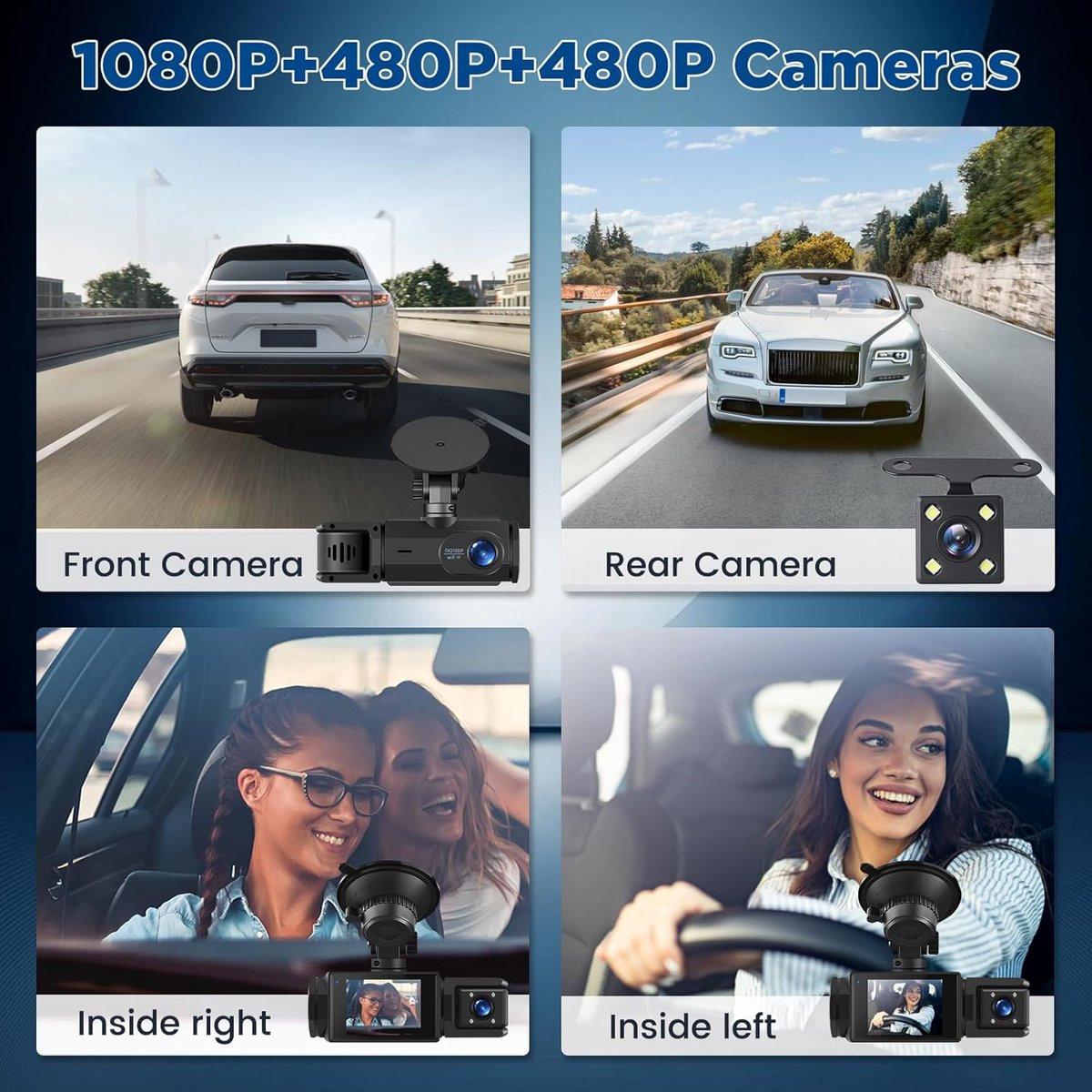 WiFi Car Dash Cam â 3-Channel Wireless Camera with App, Front, Interior, and Rear Cameras, Full HD 1080p, 2-inch IPS Screen, Night Vision, Motion Detection, Loop Recording, 64GB Memory Card Included.
