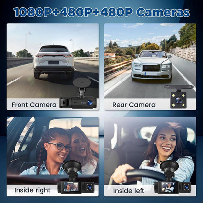 WiFi Car Dash Cam â 3-Channel Wireless Camera with App, Front, Interior, and Rear Cameras, Full HD 1080p, 2-inch IPS Screen, Night Vision, Motion Detection, Loop Recording, 64GB Memory Card Included.