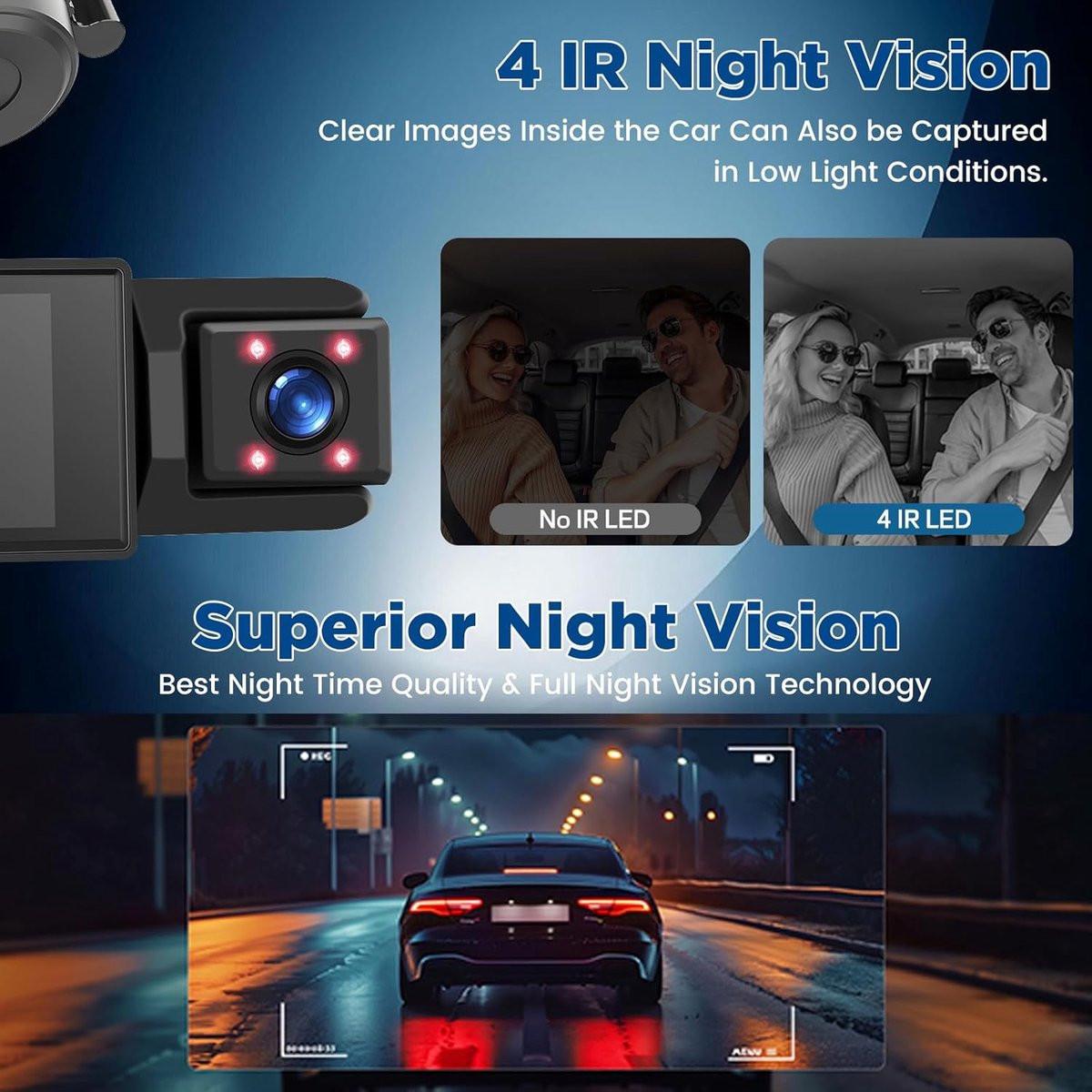 WiFi Car Dash Cam â 3-Channel Wireless Camera with App, Front, Interior, and Rear Cameras, Full HD 1080p, 2-inch IPS Screen, Night Vision, Motion Detection, Loop Recording, 64GB Memory Card Included.