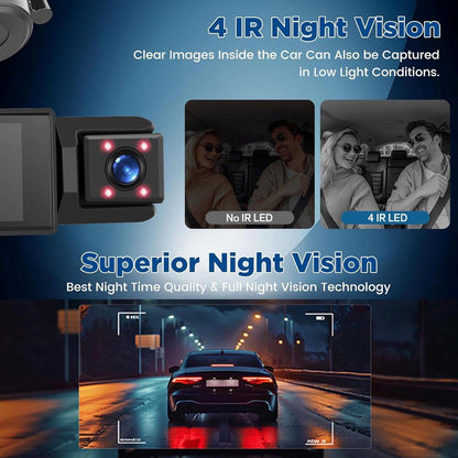 WiFi Car Dash Cam â 3-Channel Wireless Camera with App, Front, Interior, and Rear Cameras, Full HD 1080p, 2-inch IPS Screen, Night Vision, Motion Detection, Loop Recording, 64GB Memory Card Included.