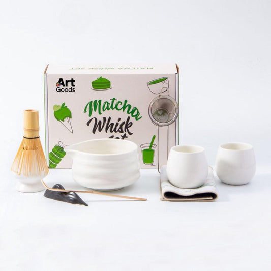 Art Goods Matcha Set 9-Piece â Complete Japanese Tea Set â White Matcha Bowl with Spout, Whisk, Cups & Accessories â Gift for Women.