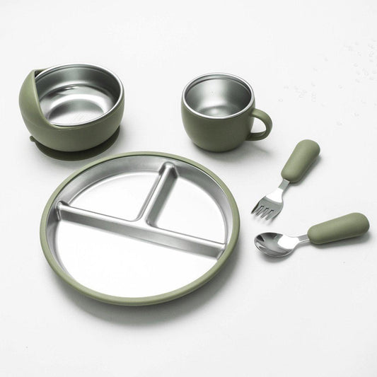 5-Piece Set - Children's Plate - Baby Plate in Stainless Steel - BPA-Free - Non-Slip - Unbreakable - Removable - Suitable for Children 1-3 Years Old - Includes Plate, Bowl, Cup, Fork, Spoon - Grass Green.