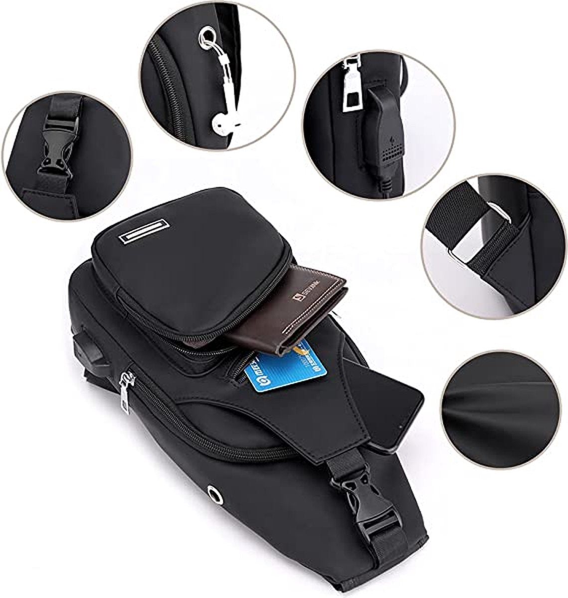 Fanny pack - Shoulder bag - With USB charging port - Men's - Chest bag - Anti-theft - Black