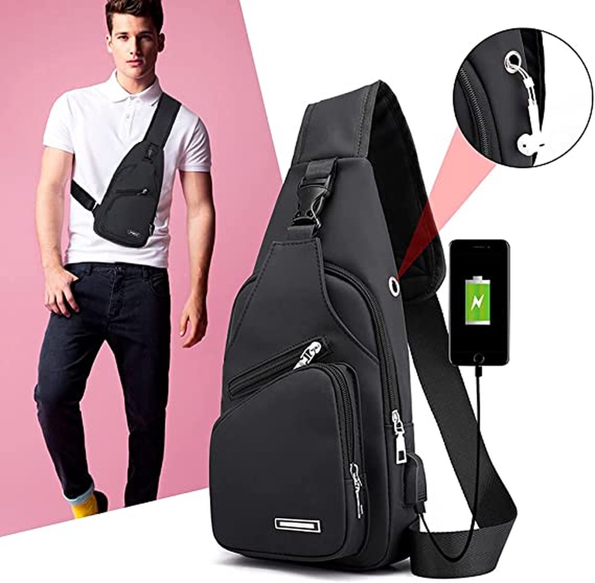 Fanny pack - Shoulder bag - With USB charging port - Men's - Chest bag - Anti-theft - Black