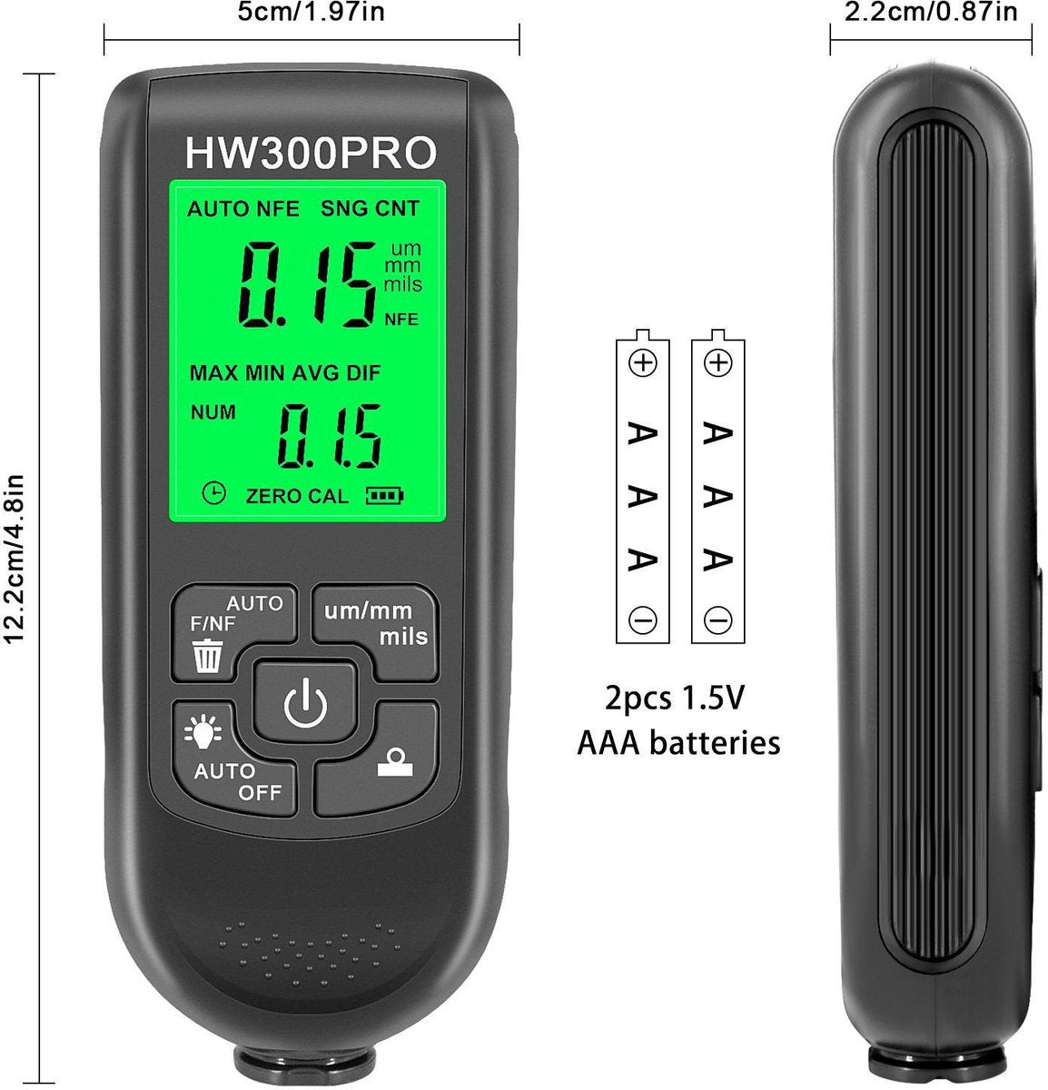 Coating thickness gauge - Paint thickness gauge - Digital coating thickness gauge - Car paint thickness gauge - Measuring range 0 to 2000 µm - Car paint gauge with portable cable - Black
